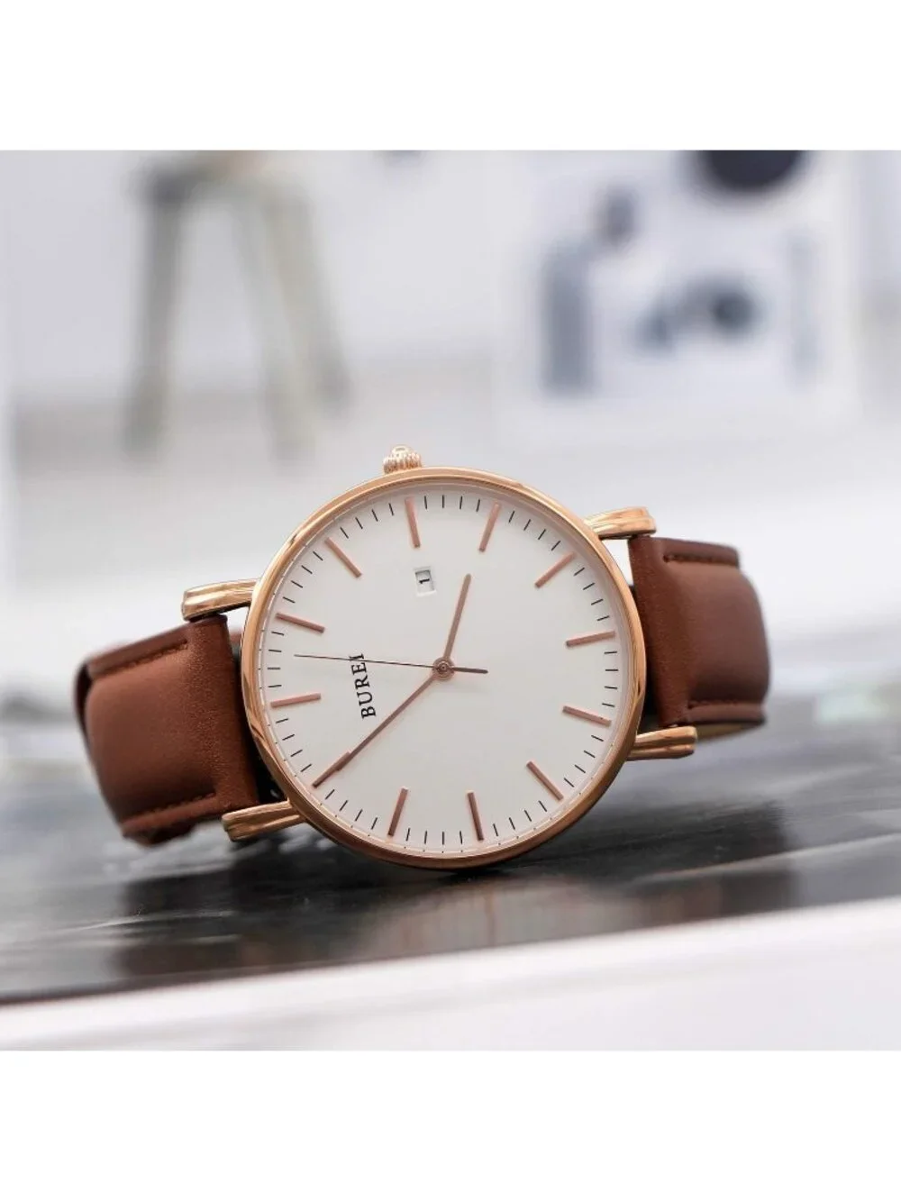 Men's White And Brown Band Mesh Strap Minimalist Analog Quartz Waterproof Watch